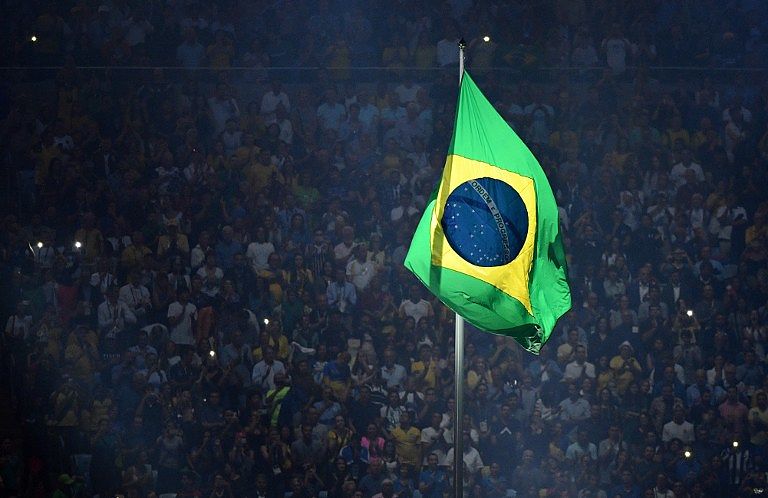 The Brazilan flagg ist seen during the opening ceremony of the Rio 2016 Olympic Games at the Maracana stadium in Rio de Janeiro, Brazil, 5 August 2016. Photo: Lukas Schulze/dpa