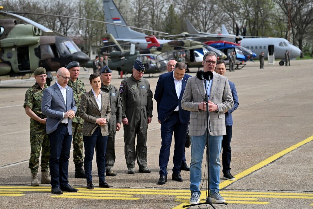 serbian president aleksandar vucic addresses the media during a visit after a military exercise
