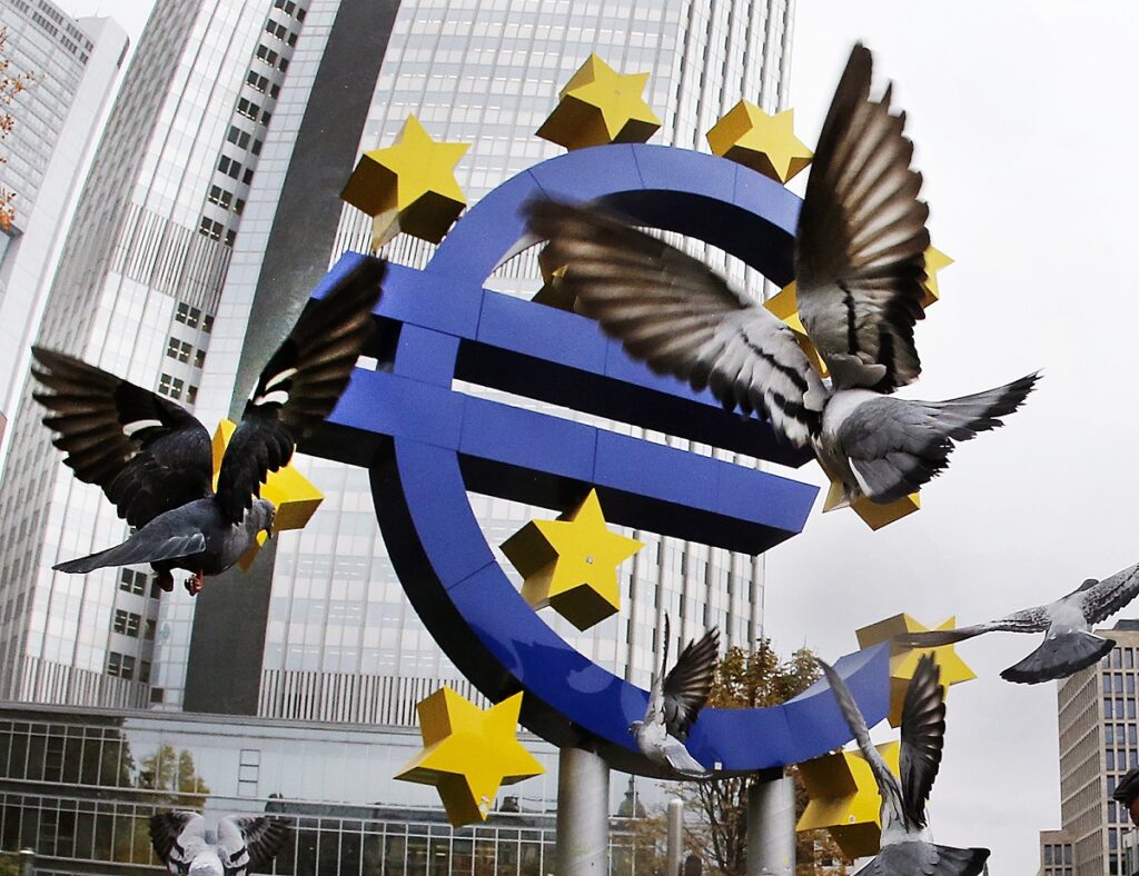 the euro sculpture at the old european central bank bulding in frankfurt